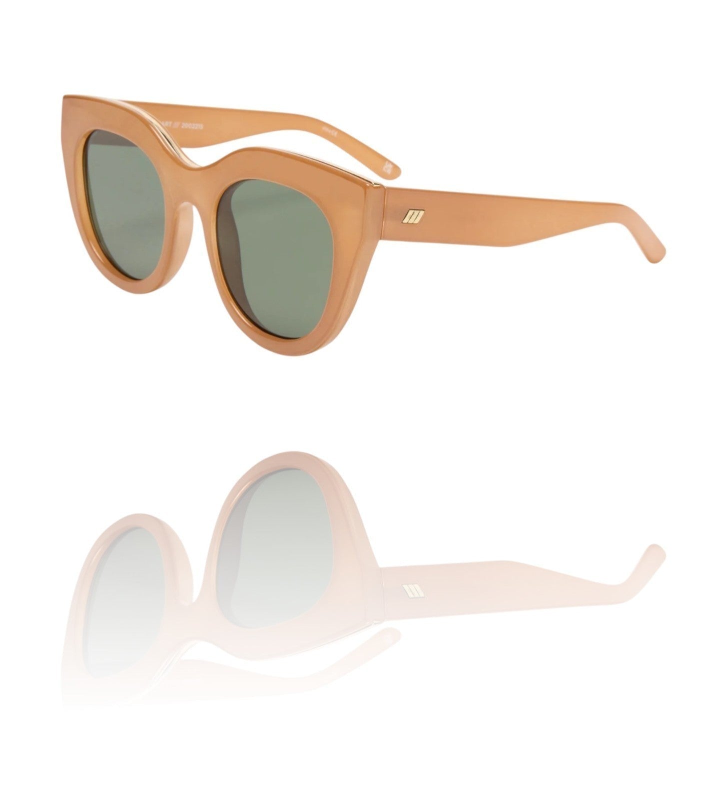 Naked Pear Le Specs Air Heart cat eye sunglasses in caramel acetate with khaki green lenses and metal top-bar inlay.
