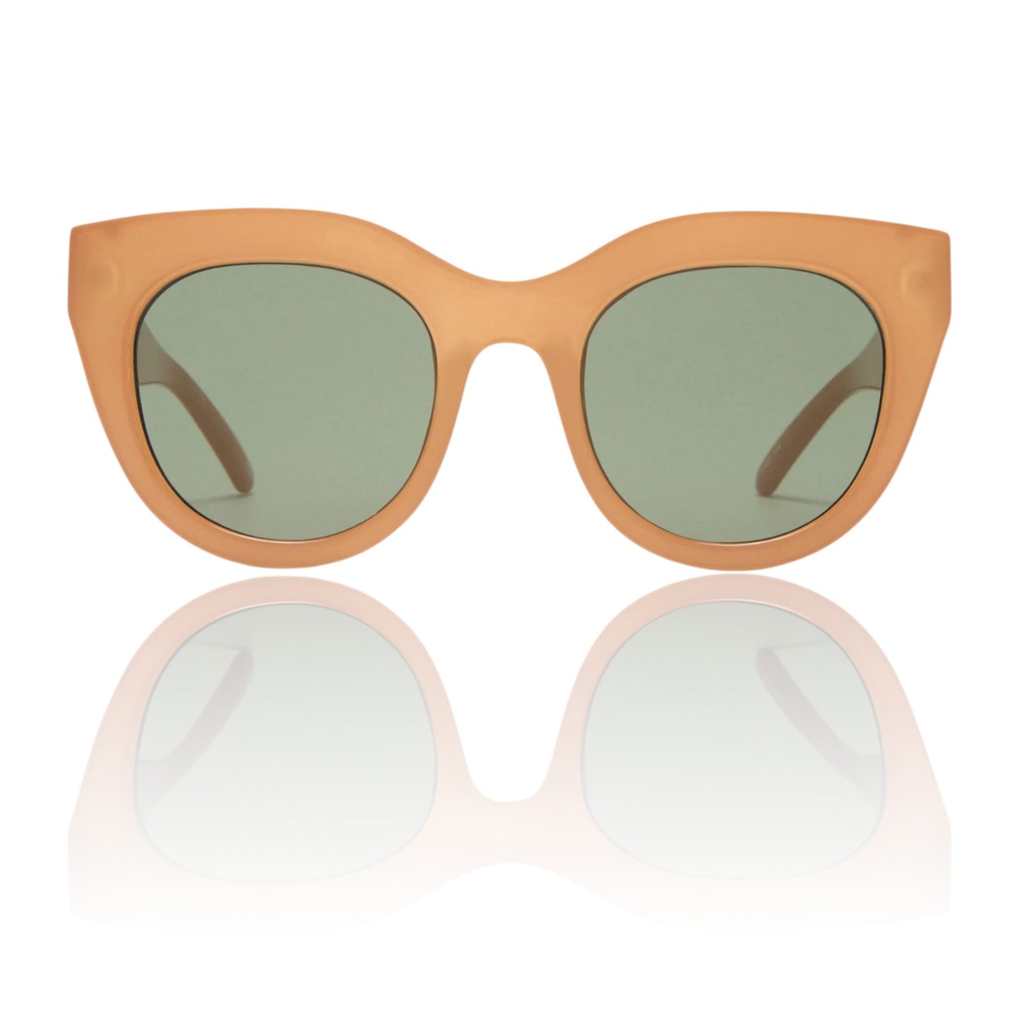 Naked Pear Le Specs Air Heart cat eye sunglasses in caramel acetate with khaki green lenses and metal top-bar inlay.