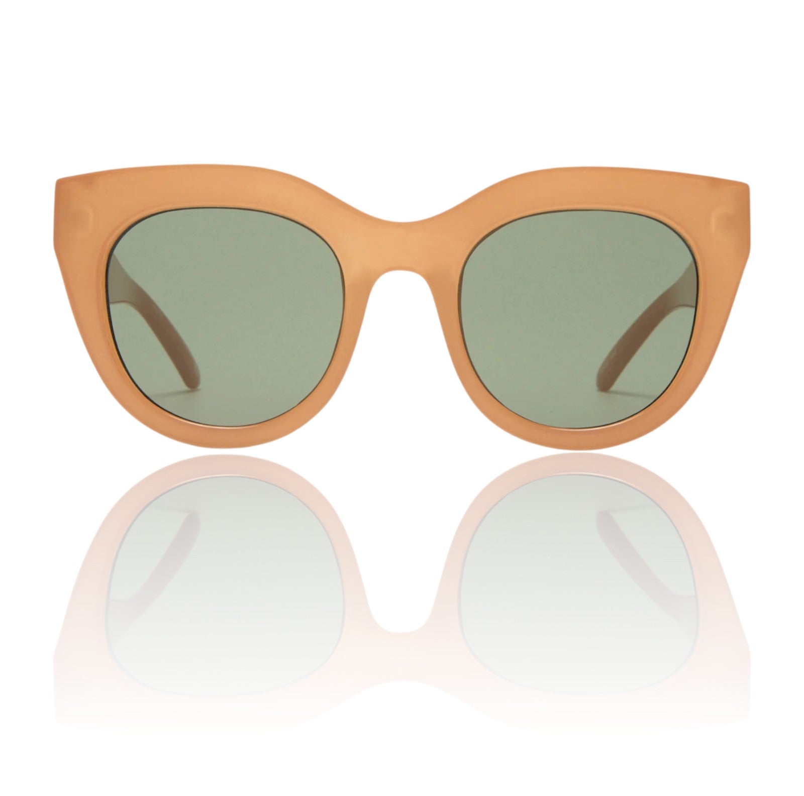 Naked Pear Le Specs Air Heart cat eye sunglasses in caramel acetate with khaki green lenses and metal top-bar inlay.