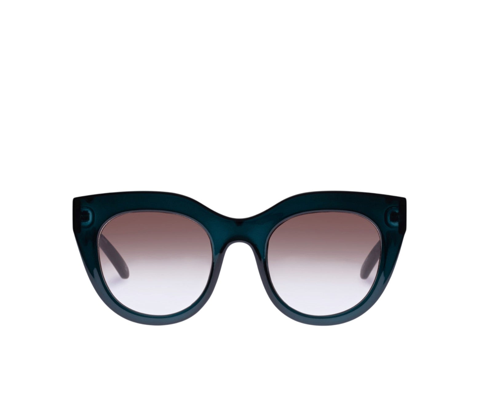 Naked Pear Le Specs Air Heart cat eye sunglasses in emerald acetate with smoke gradient lenses and metal top-bar.