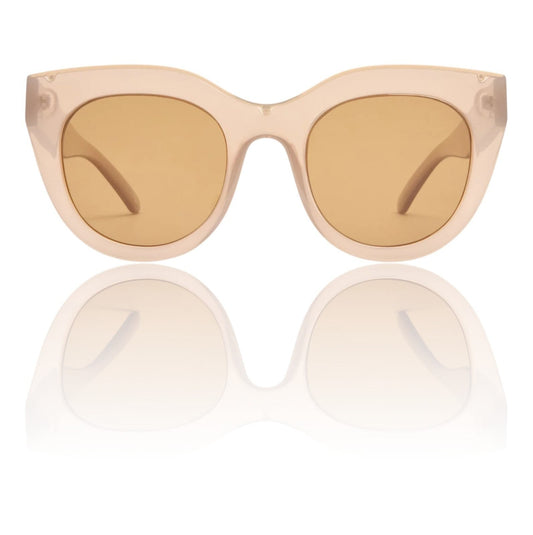 Naked Pear Le Specs Air Heart cat eye sunglasses in semi-transparent mink acetate with brown mono lenses.