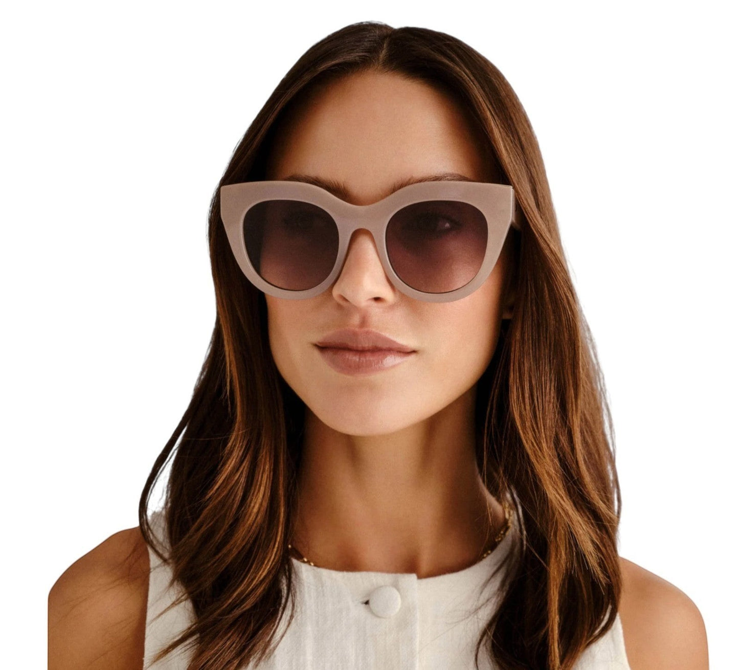 Naked Pear Le Specs Air Heart cat eye sunglasses in oatmeal acetate with khaki gradient lenses on a woman