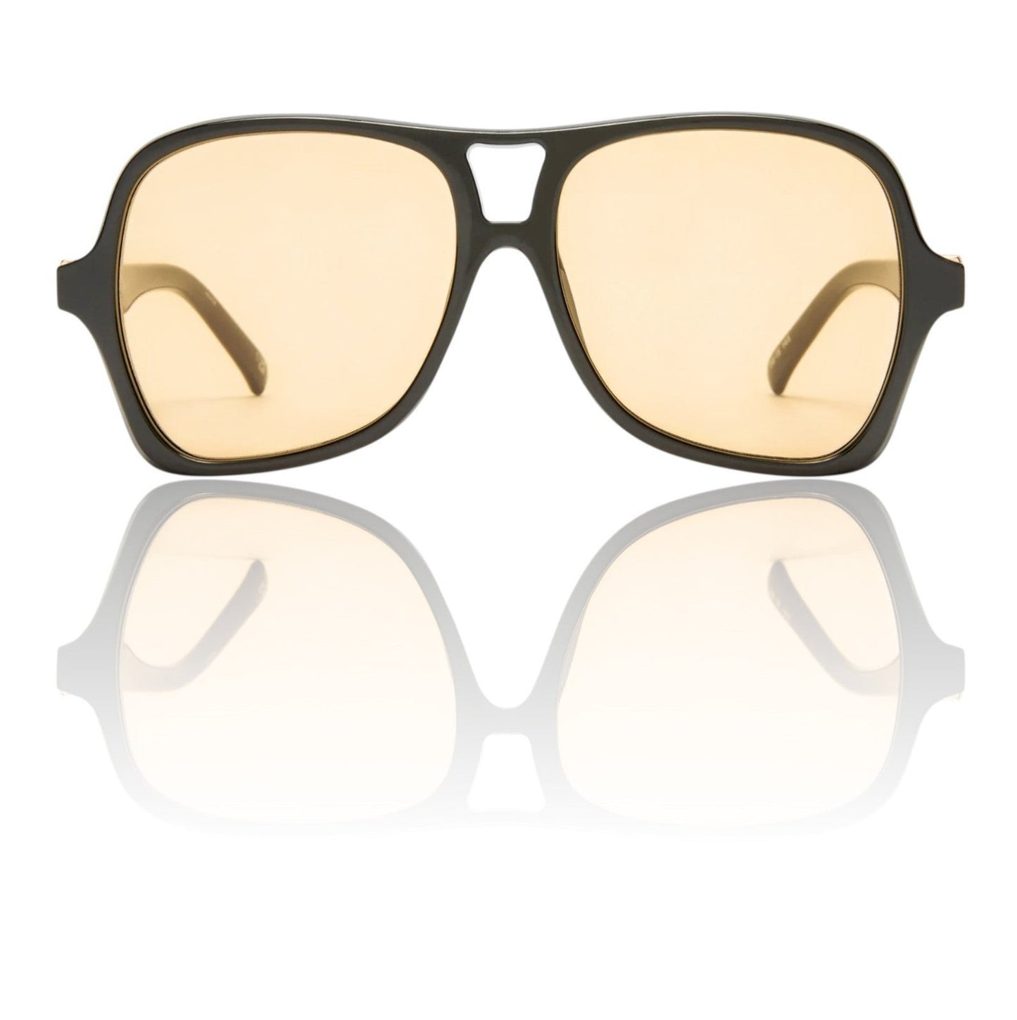 Naked Pear Le Specs Fortune Teller aviator sunglasses with black frames and mustard amber mono lenses.