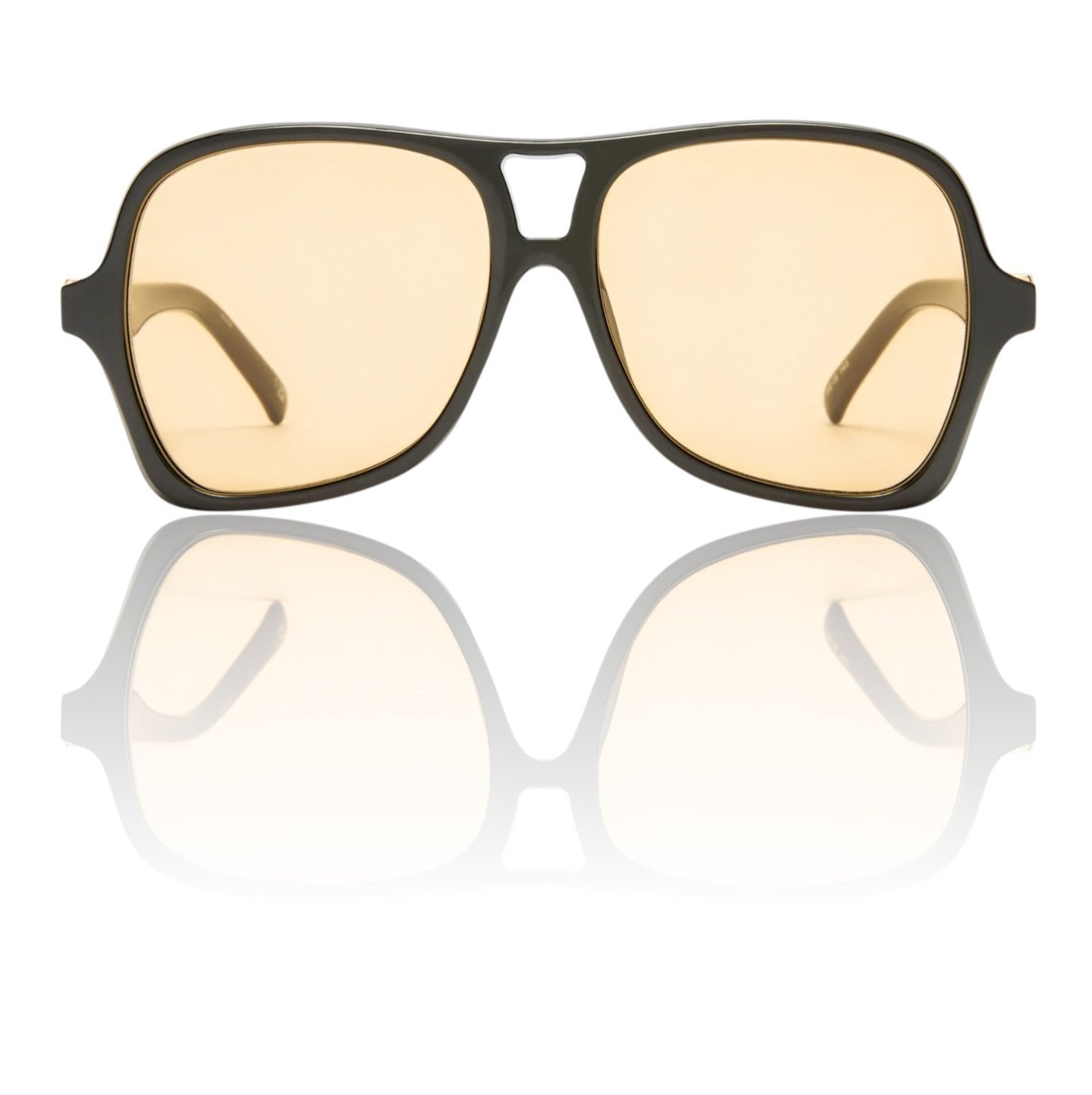 Naked Pear Le Specs Fortune Teller aviator sunglasses with black frames and mustard amber mono lenses.