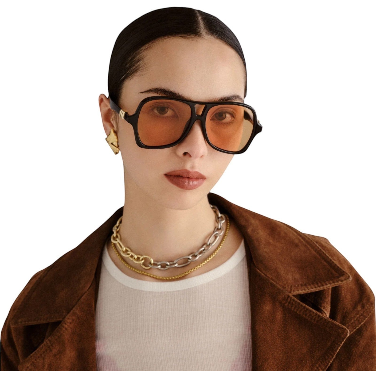 Naked Pear model wearing Le Specs Fortune Teller black aviator sunglasses with amber lenses and vintage 70s style