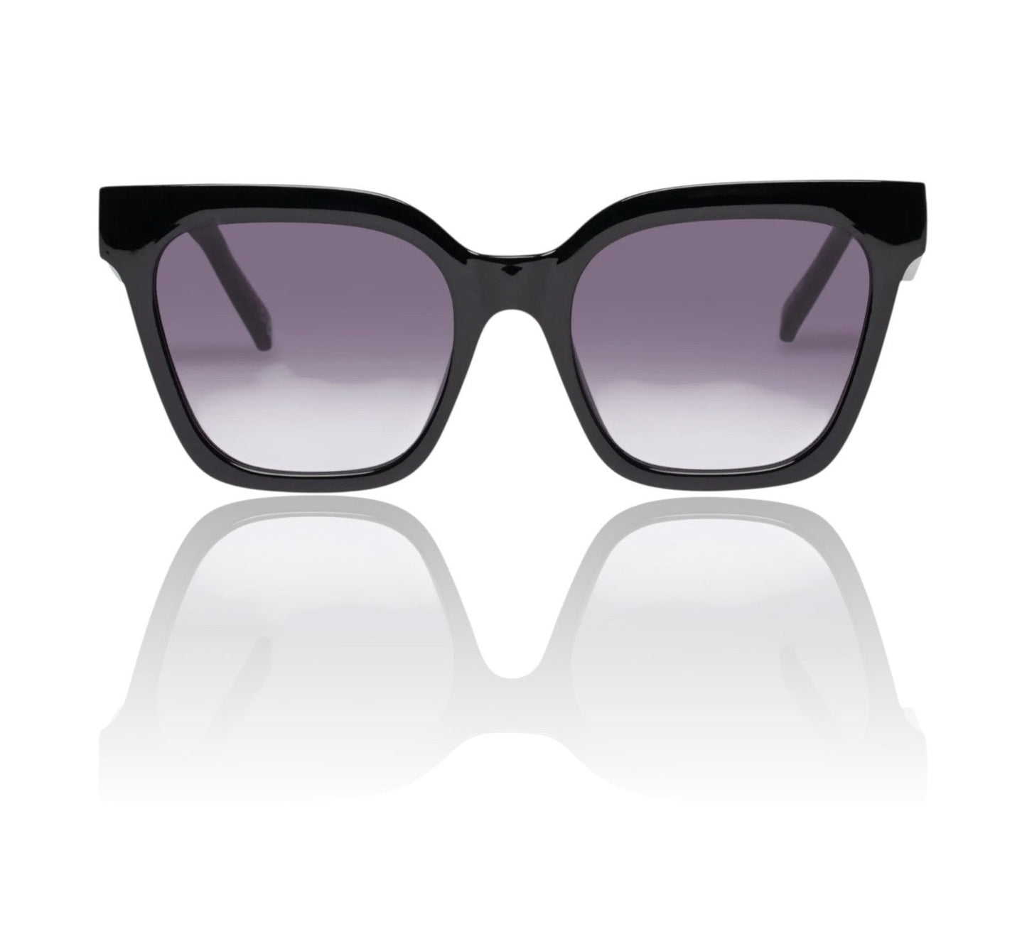 Naked Pear Le Specs Star Glow oversized black cat-eye sunglasses with smoke gradient lenses and acetate frames.