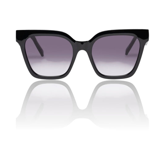 Naked Pear Le Specs Star Glow oversized black cat-eye sunglasses with smoke gradient lenses and acetate frames.