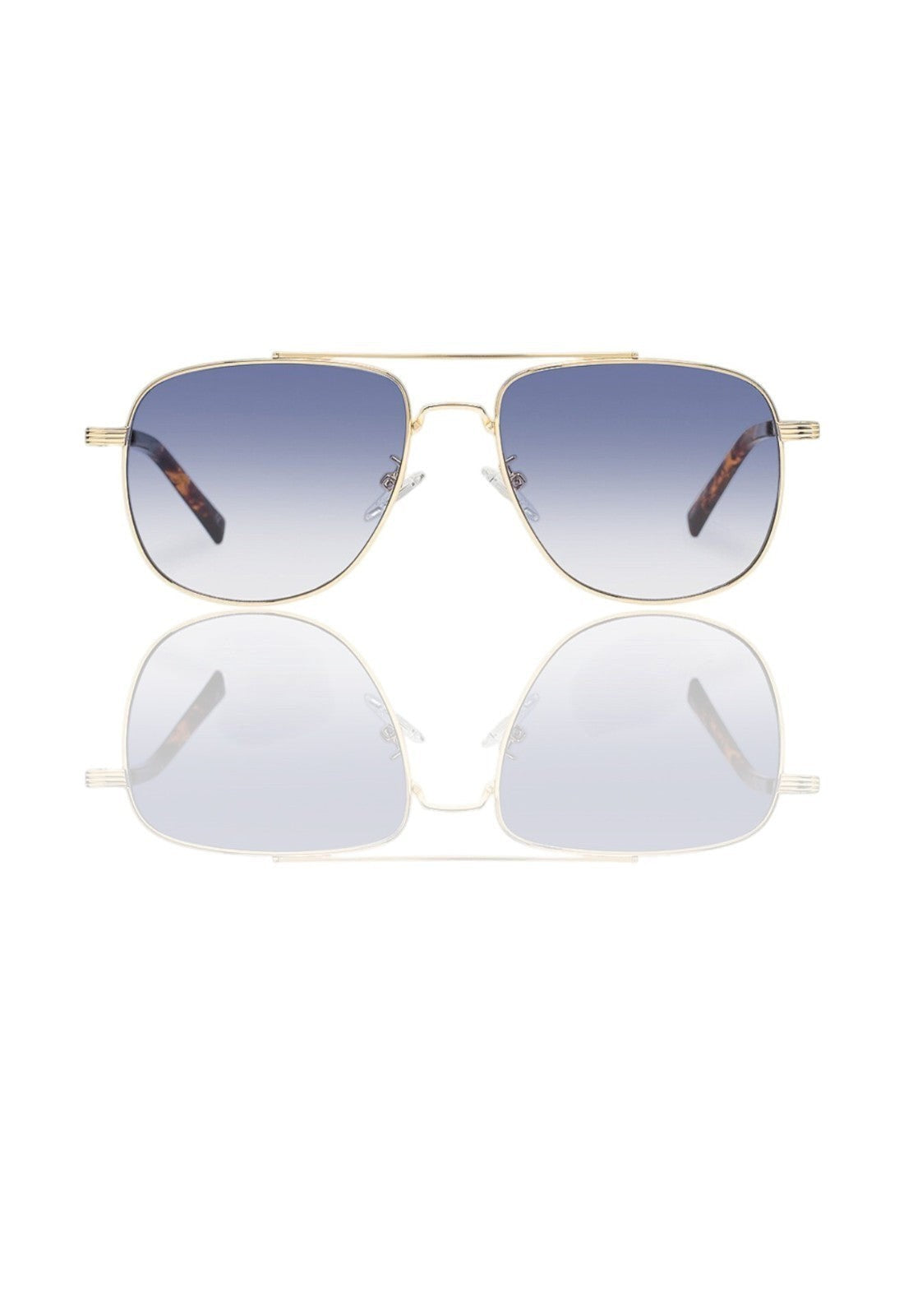 Naked Pear Le Specs The Charmer aviator sunglasses with gold metal frames and blue gradient polycarbonate lenses.