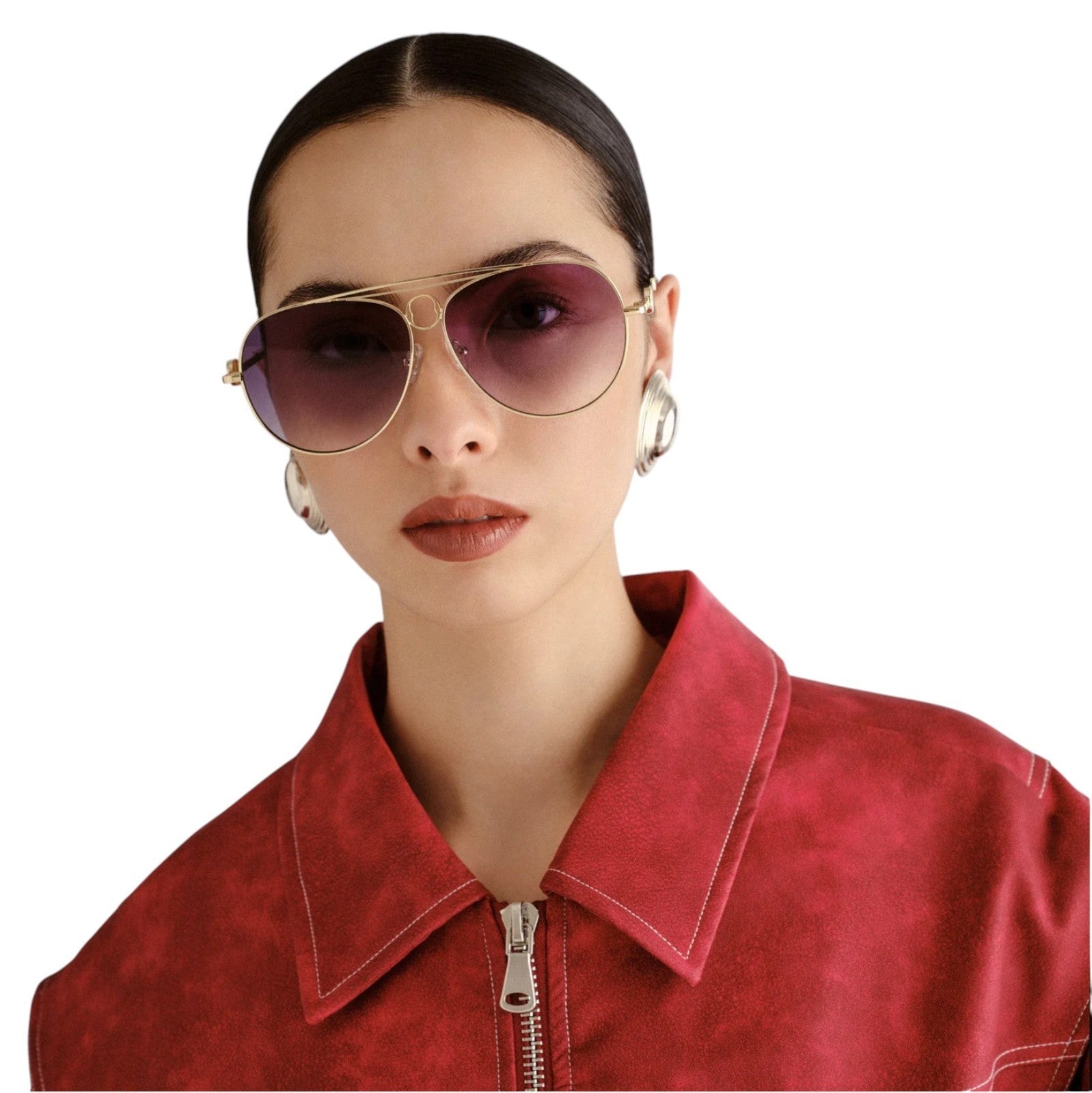 Woman wearing a red jacket and sunglasses on a white background