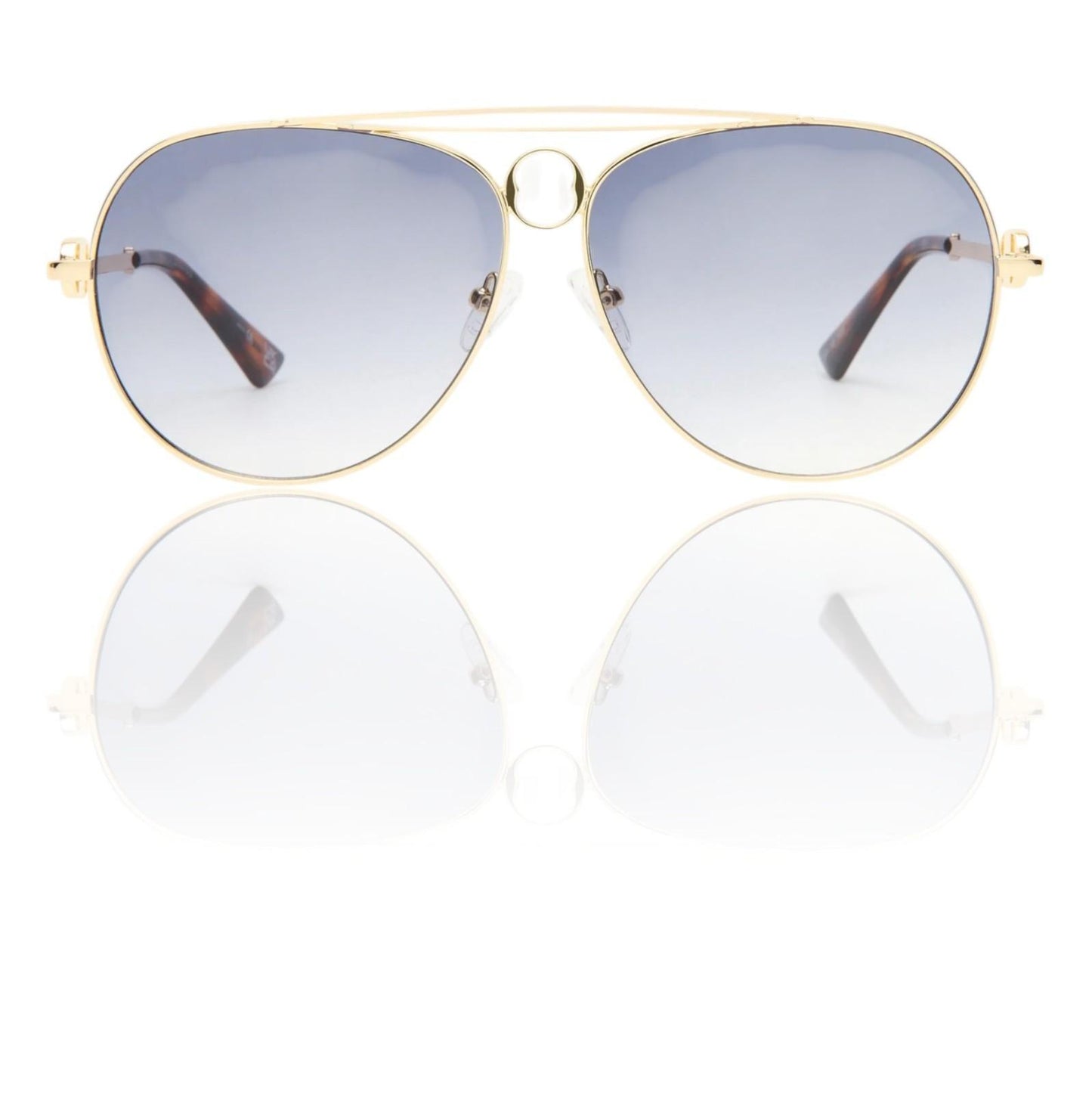 Gold-framed sunglasses with blue-tinted lenses on a white background