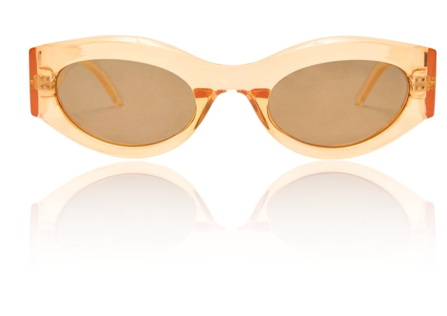 Sunglasses with orange frame and brown lenses on a white background