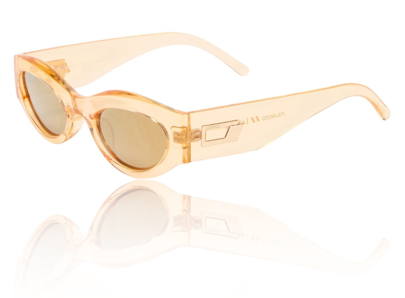 Beige sunglasses with a reflective surface on a white background
