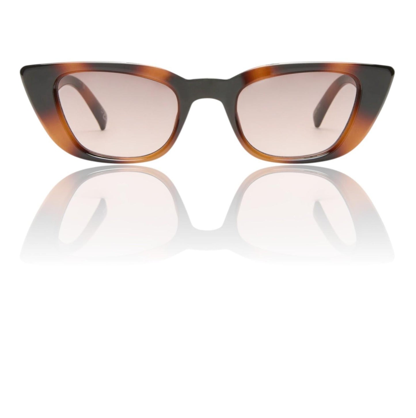 Sunglasses with tortoiseshell frame and reflective lenses on a white background