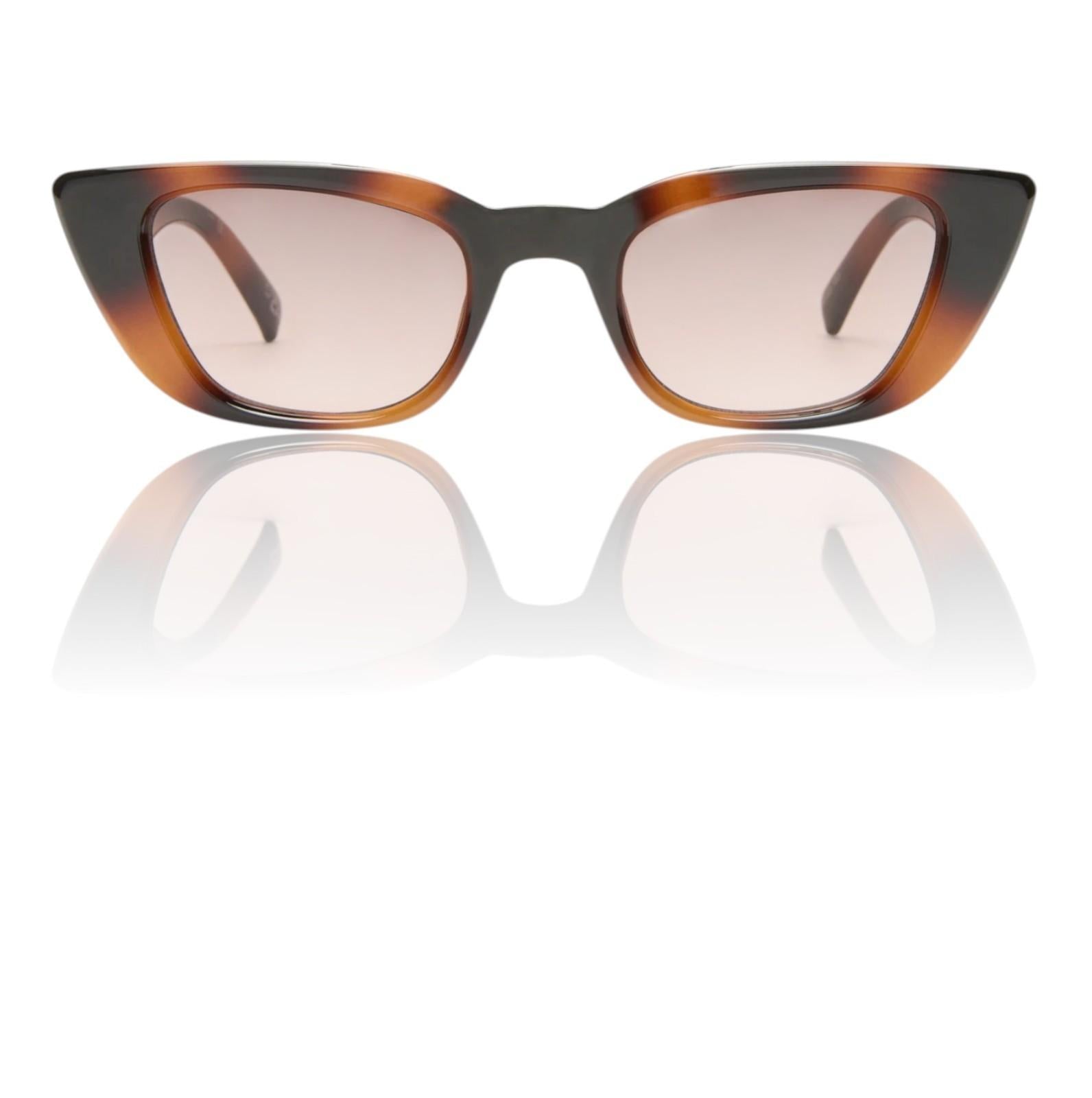 Sunglasses with tortoiseshell frame and reflective lenses on a white background