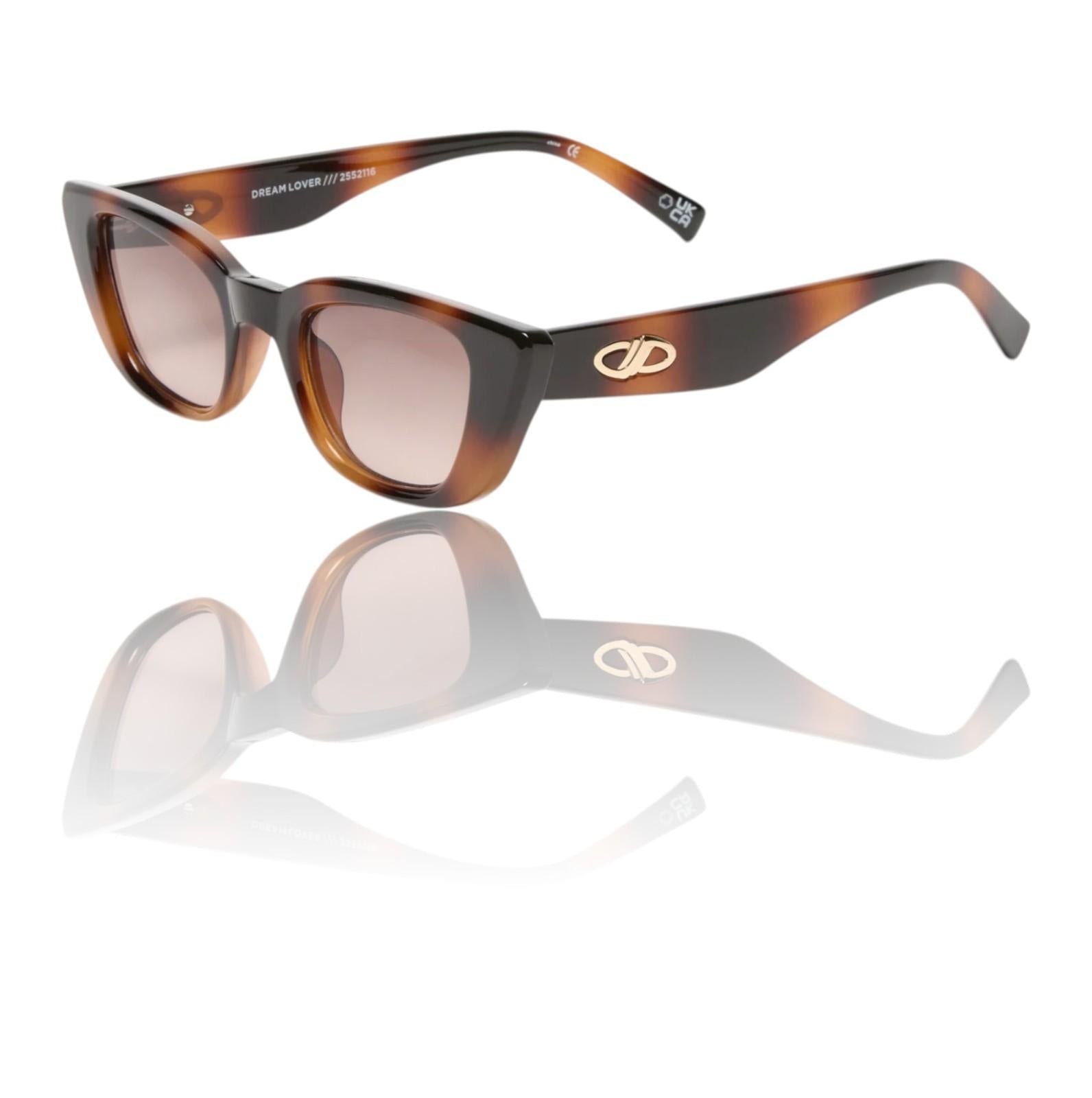 Sunglasses with tortoiseshell frame and reflective lenses on a white background