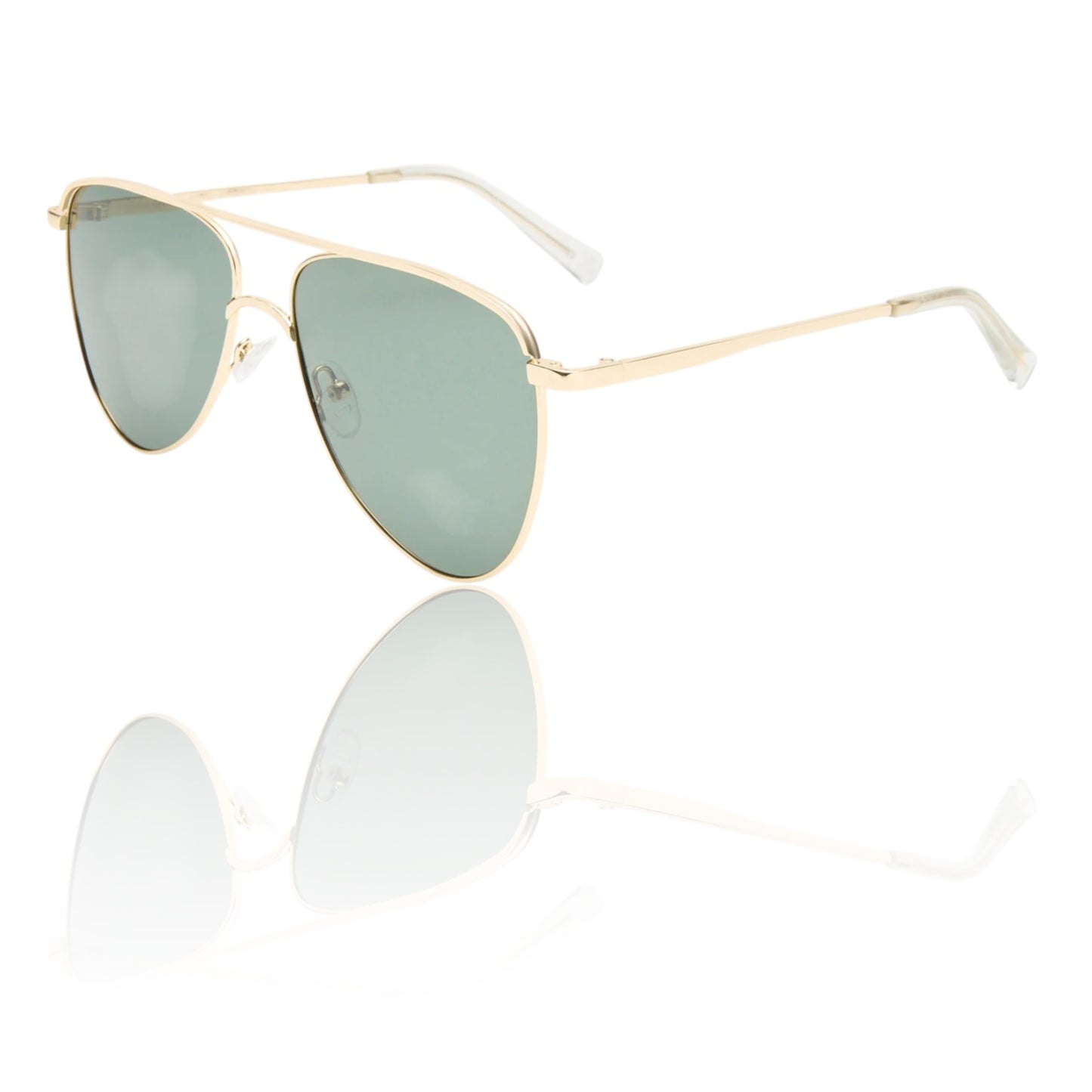 Gold-framed sunglasses with green lenses on a white background
