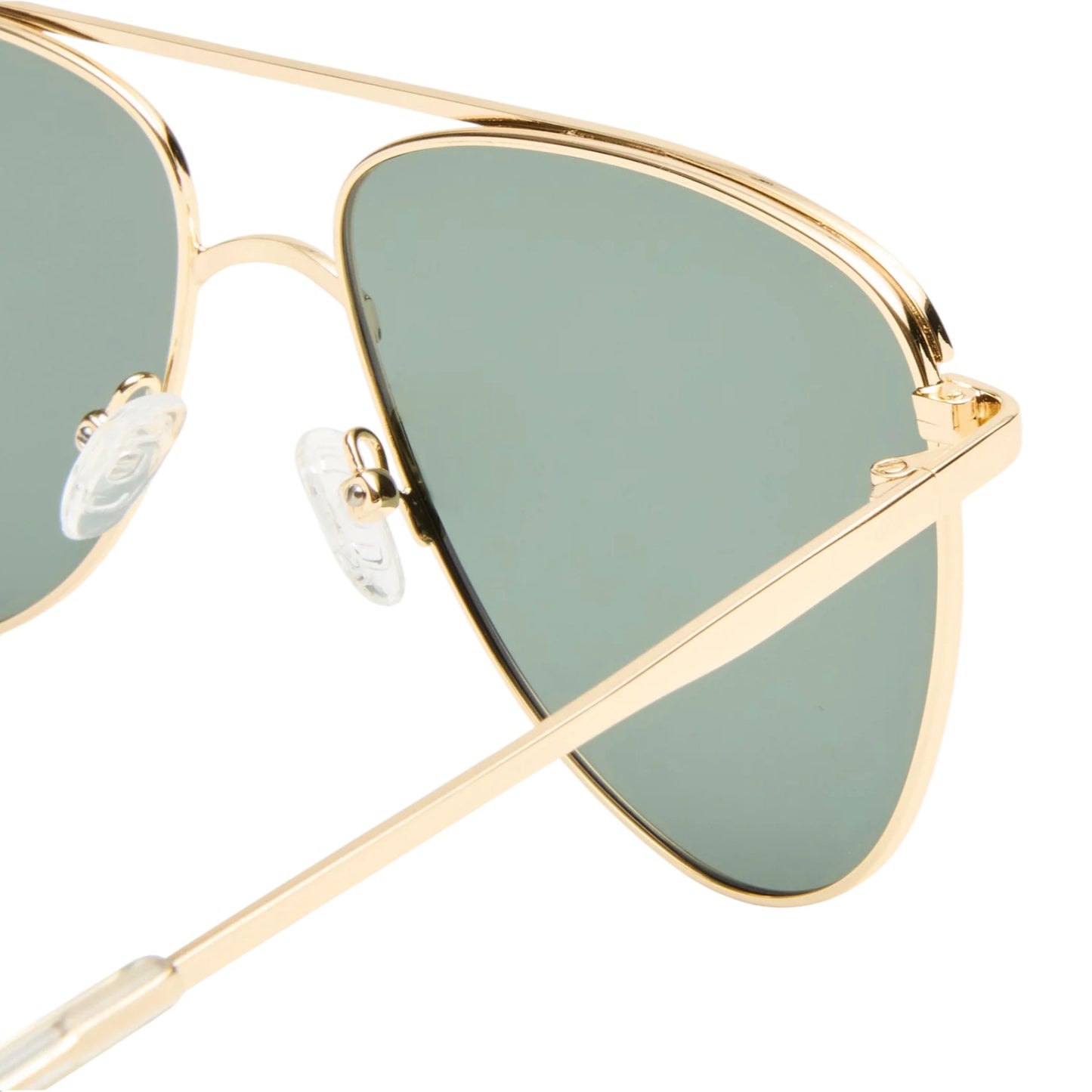 Gold-framed sunglasses with green lenses on a white background