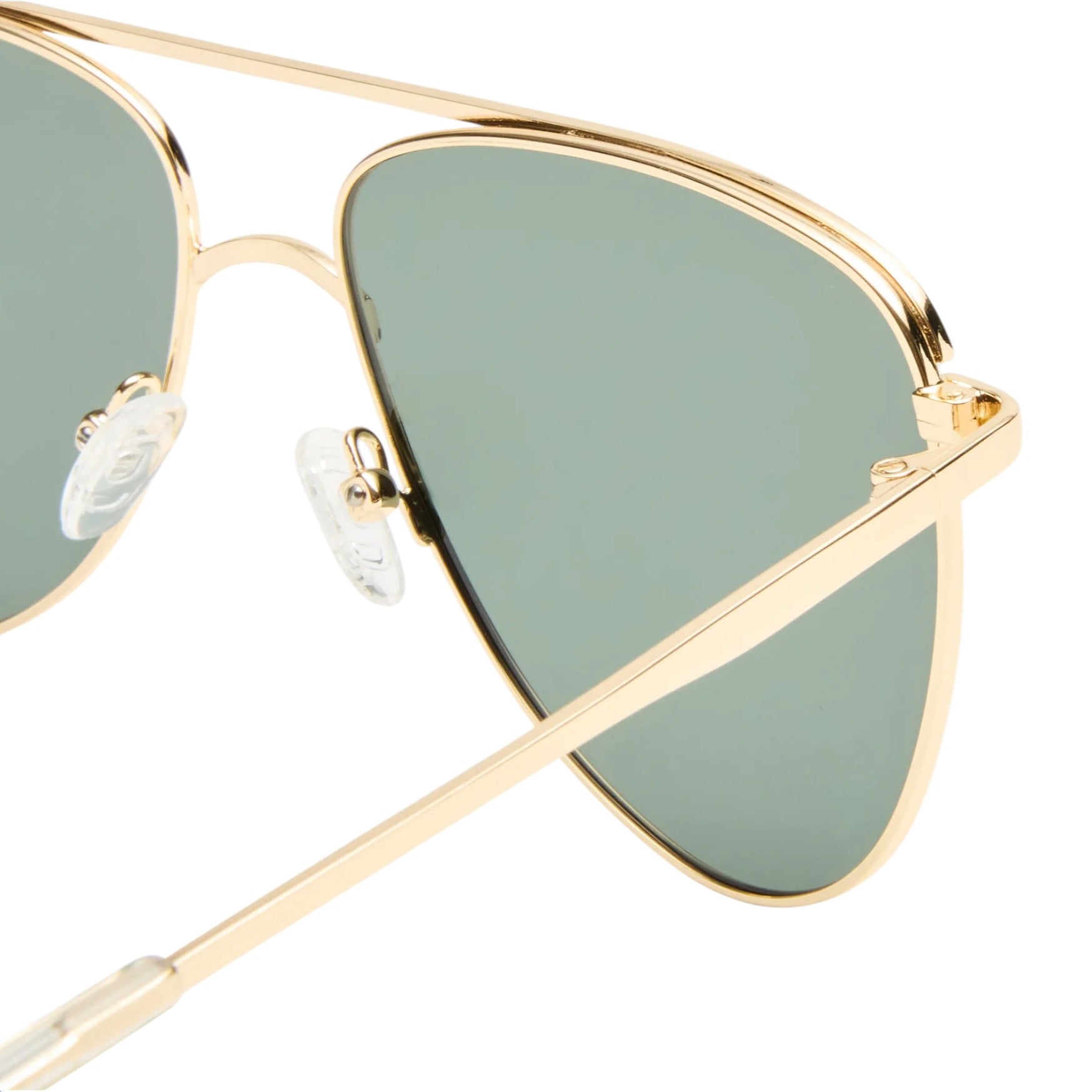 Gold-framed sunglasses with green lenses on a white background