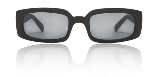 Black sunglasses with reflective lenses on a white background