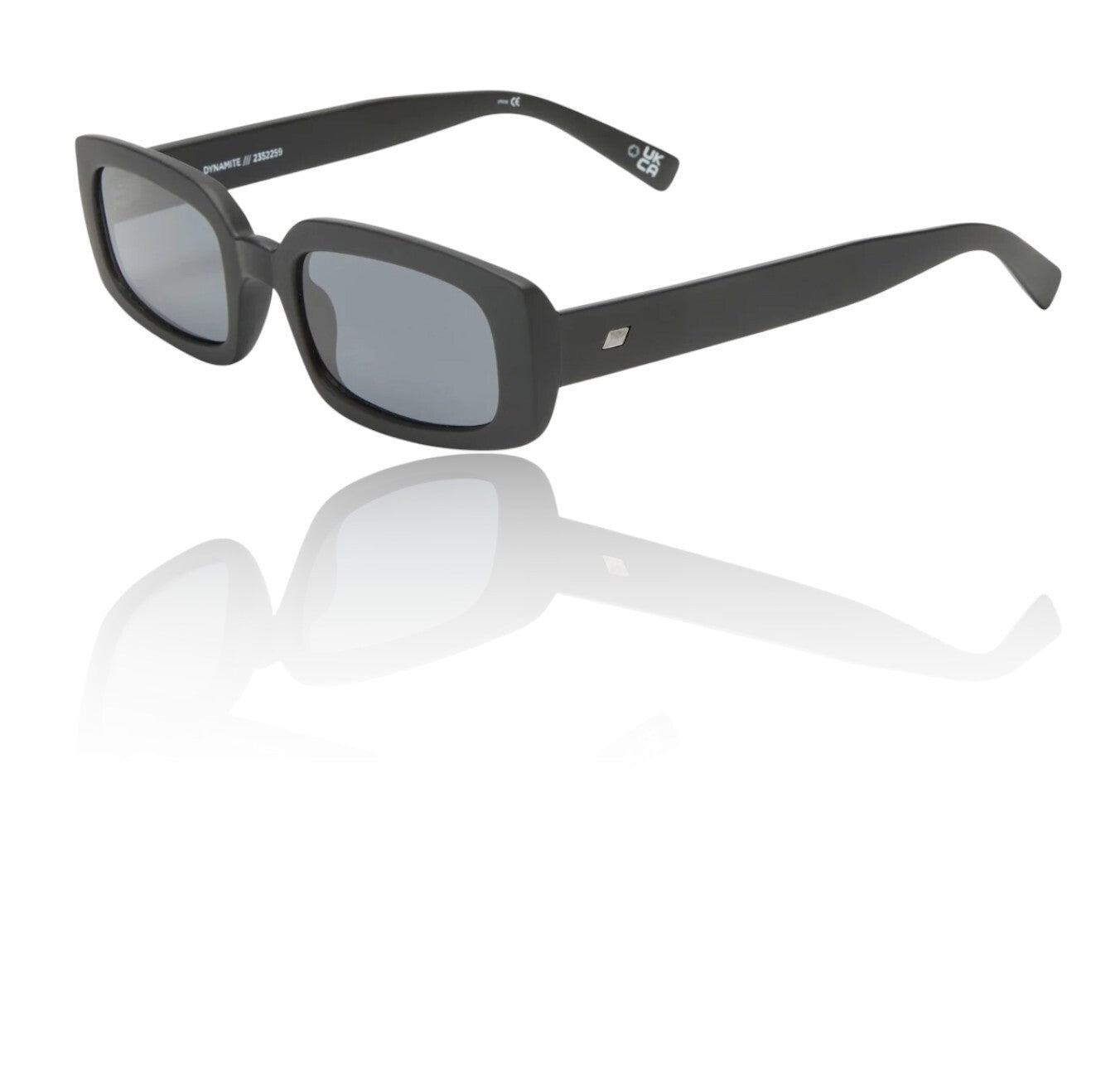Black sunglasses with a reflective surface on a white background
