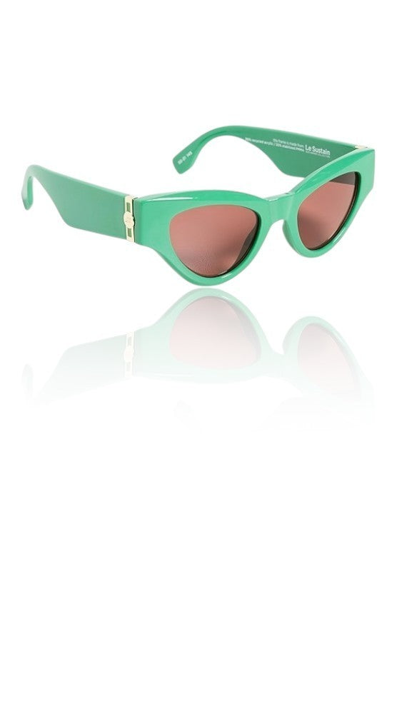 Green cat-eye sunglasses with a reflective surface