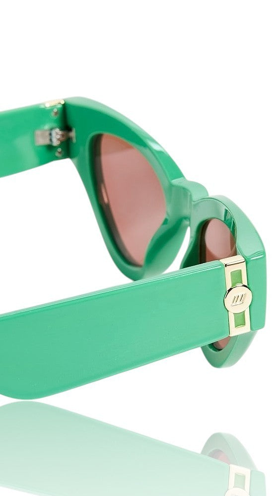 Green sunglasses with a reflective surface on a white background