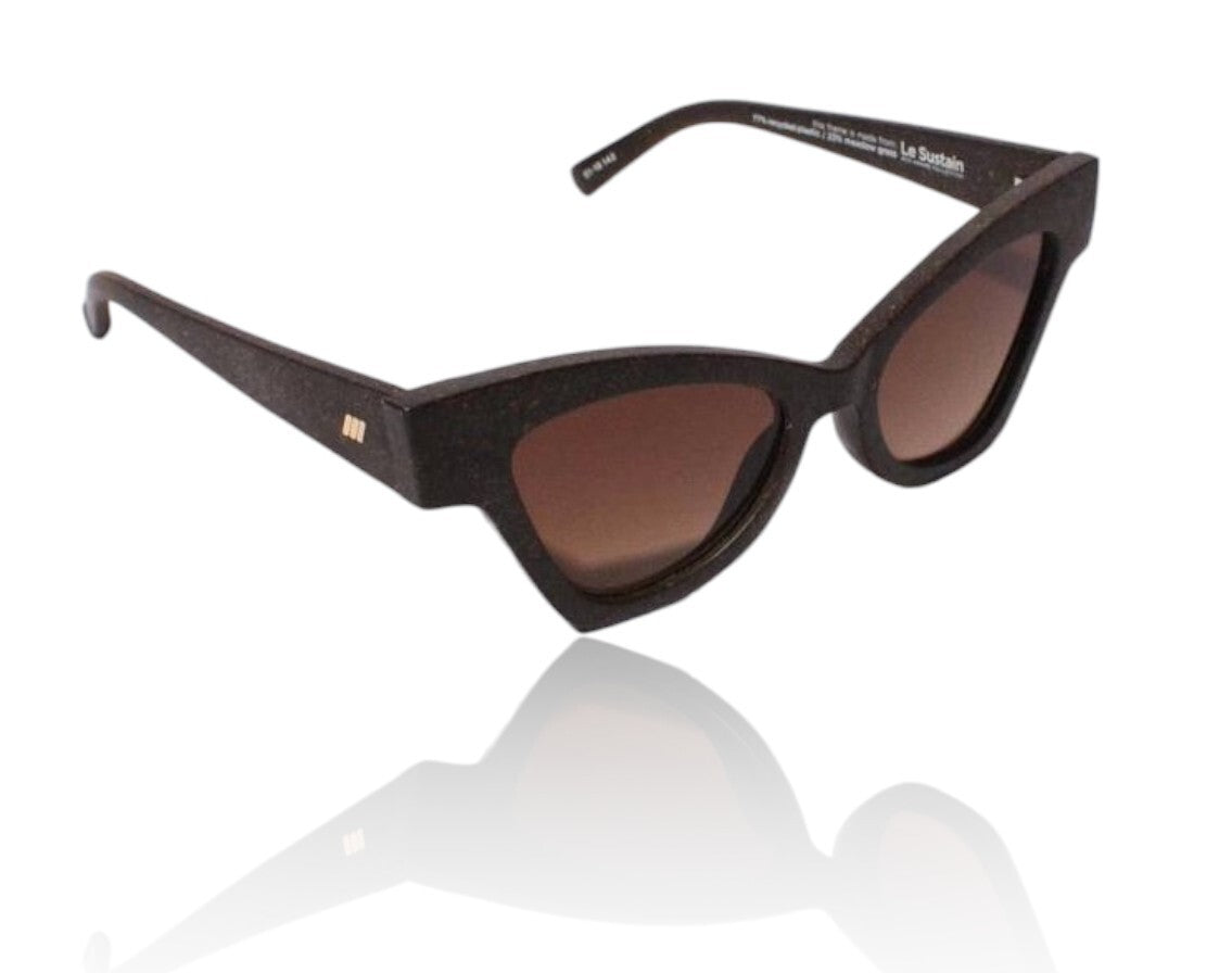 Black cat-eye sunglasses with brown lenses on a white background