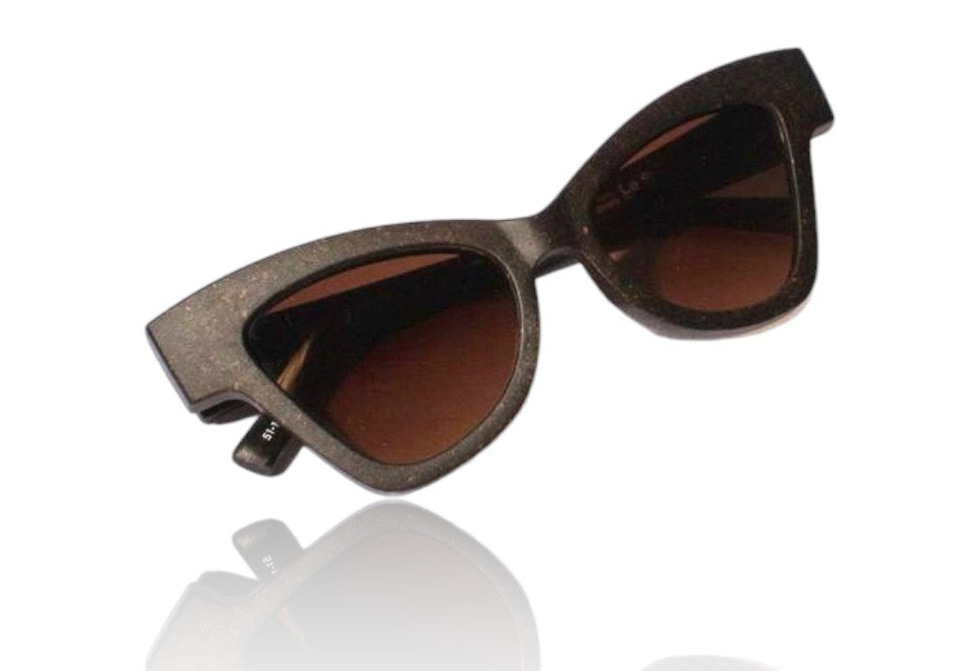Sunglasses with brown lenses and dark frames on a white background
