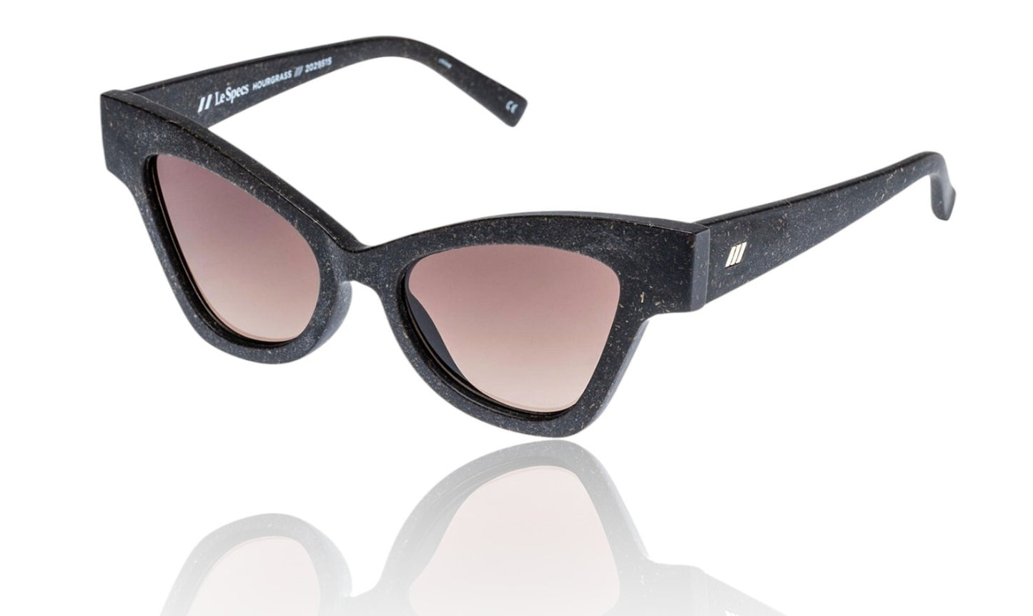 Black cat-eye sunglasses with pink gradient lenses on a white background