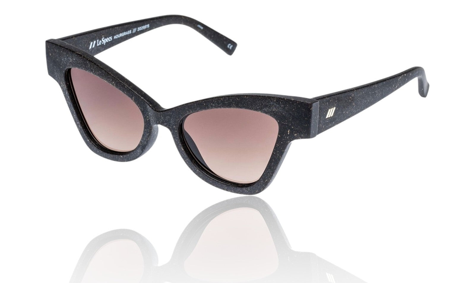 Black cat-eye sunglasses with a reflective surface on a white background