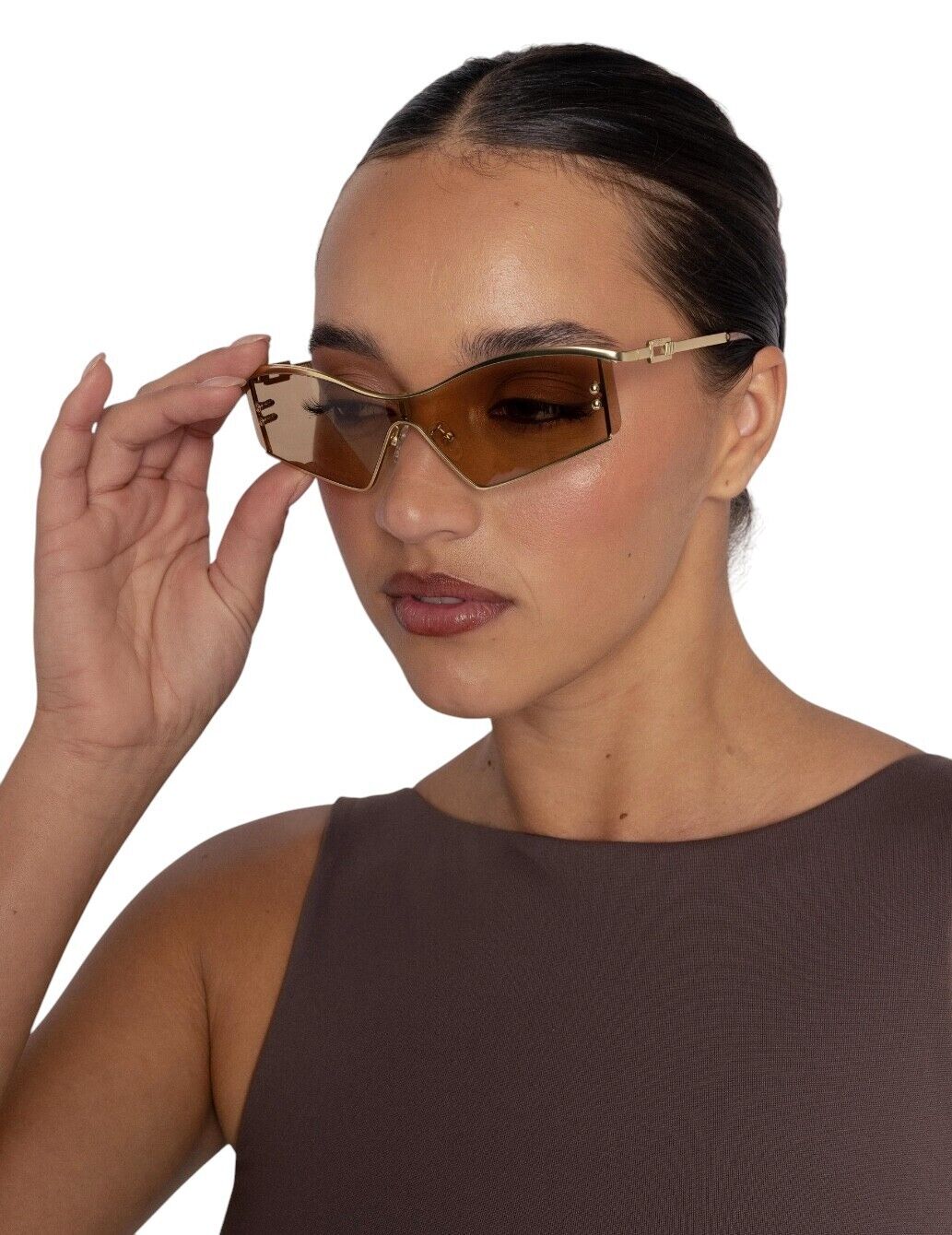 Le Specs Hyperbole Sunglasses | Shield / Wrap, Satin Gold, Rimless, Ltd Edition