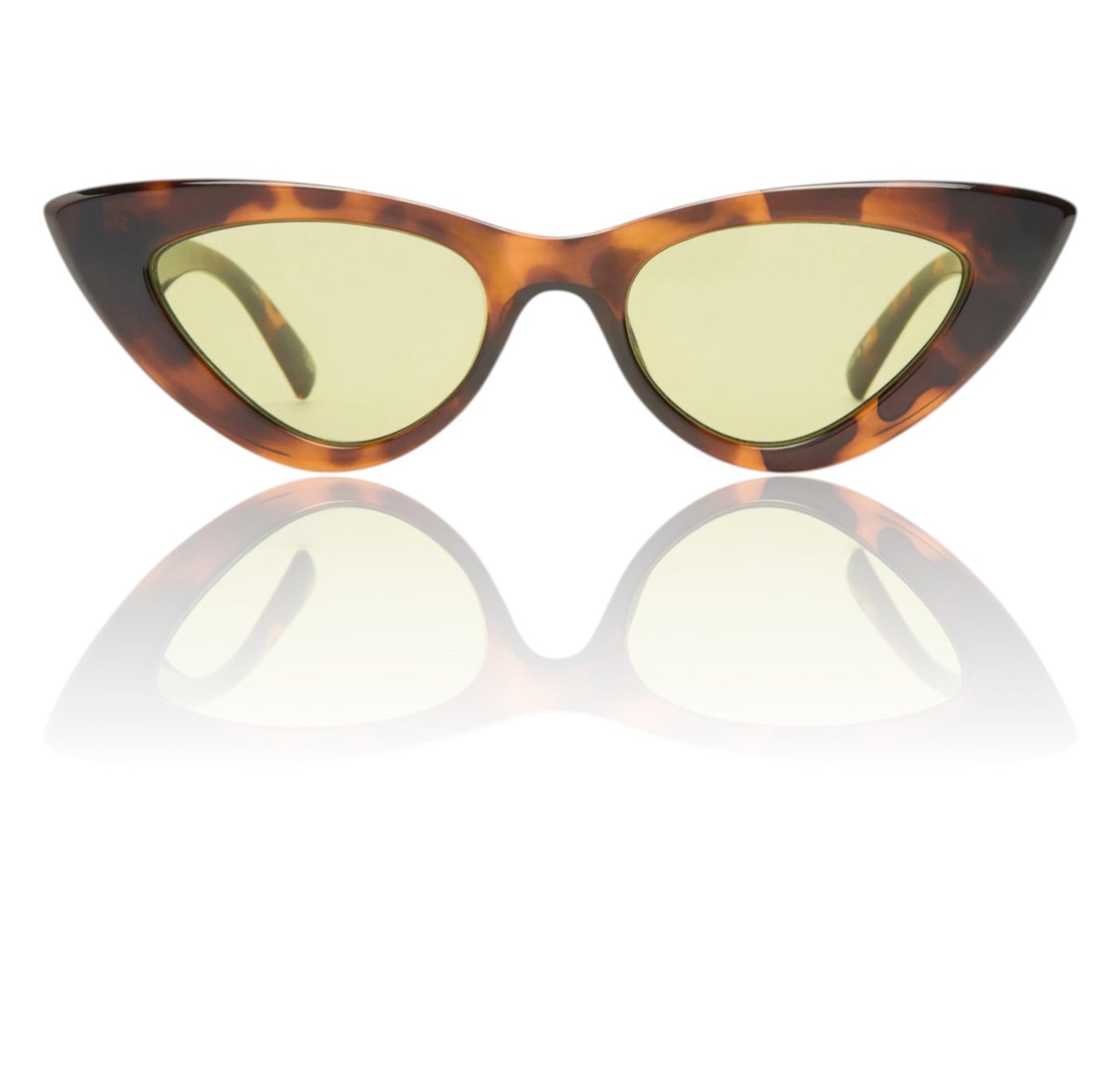 Cat-eye sunglasses with tortoiseshell frame and yellow lenses on a white background