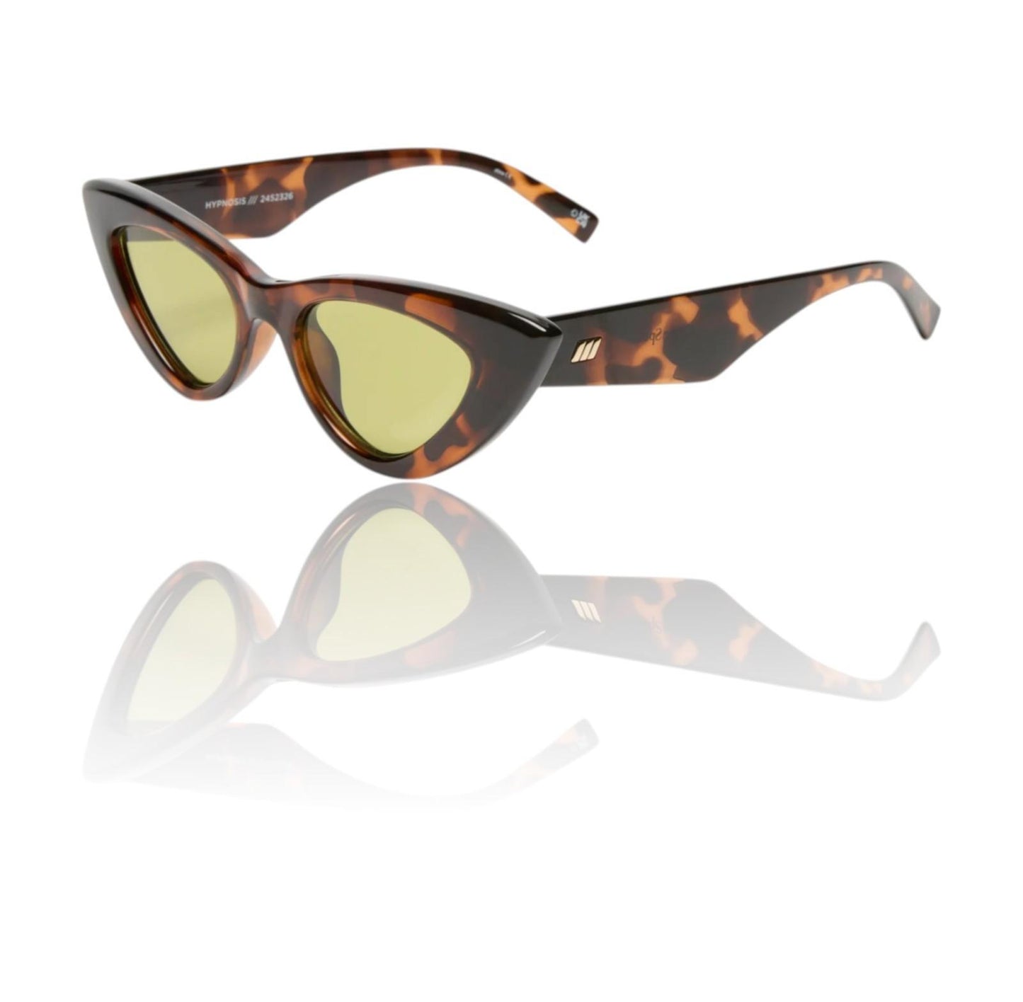 Tortoiseshell cat-eye sunglasses with yellow lenses on a white background