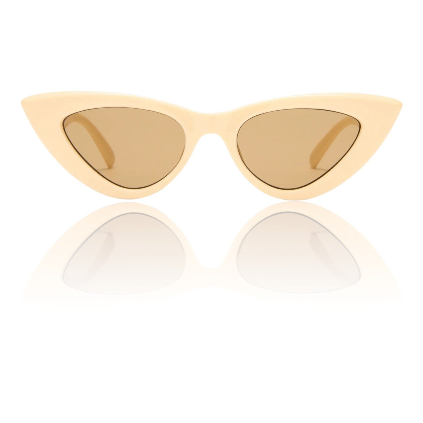 Cat-eye sunglasses with beige frame and brown lenses on a white background