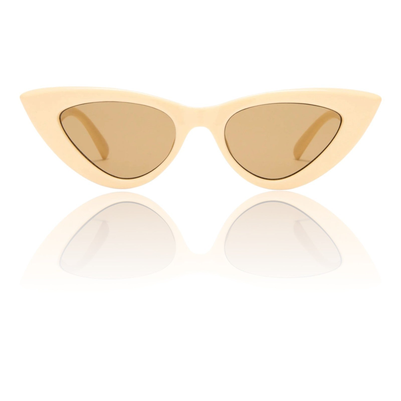 Cat-eye sunglasses with beige frame and brown lenses on a white background