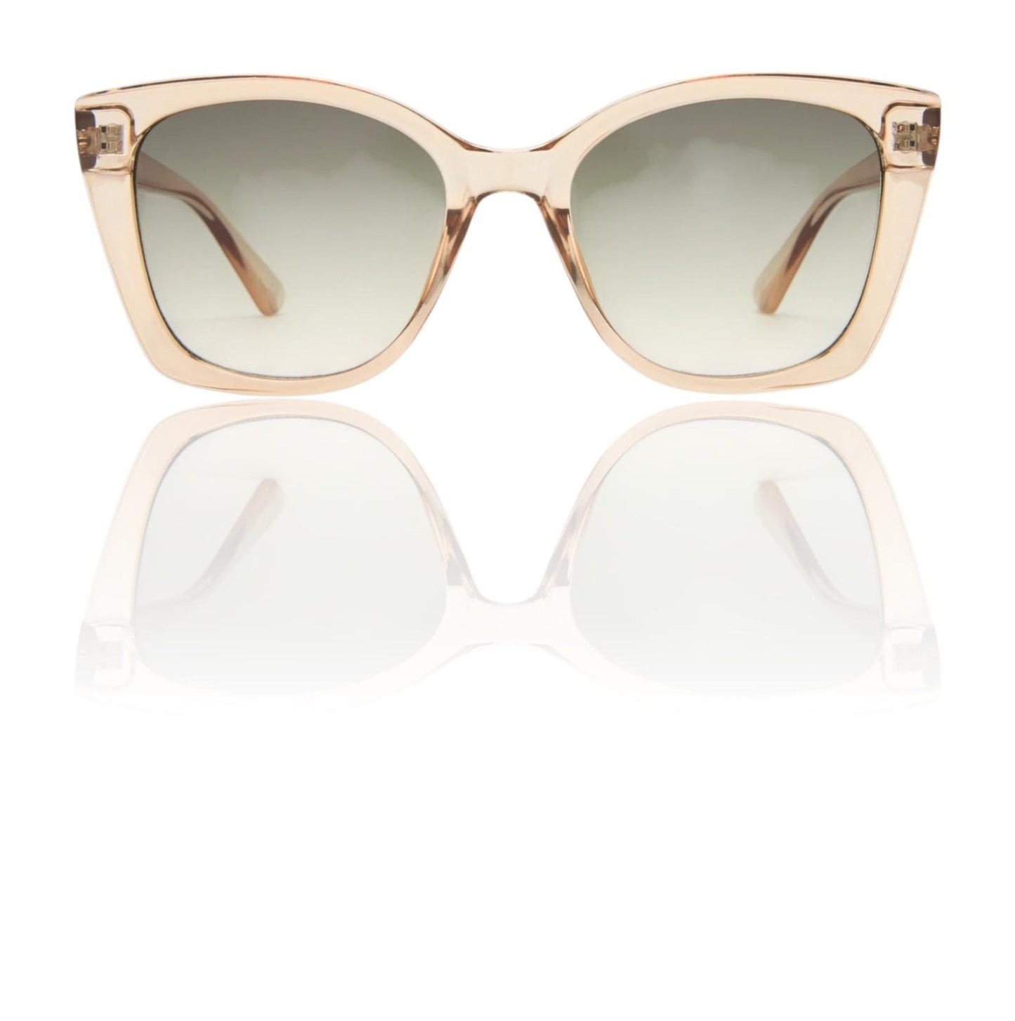 Beige sunglasses with a reflective surface on a white background