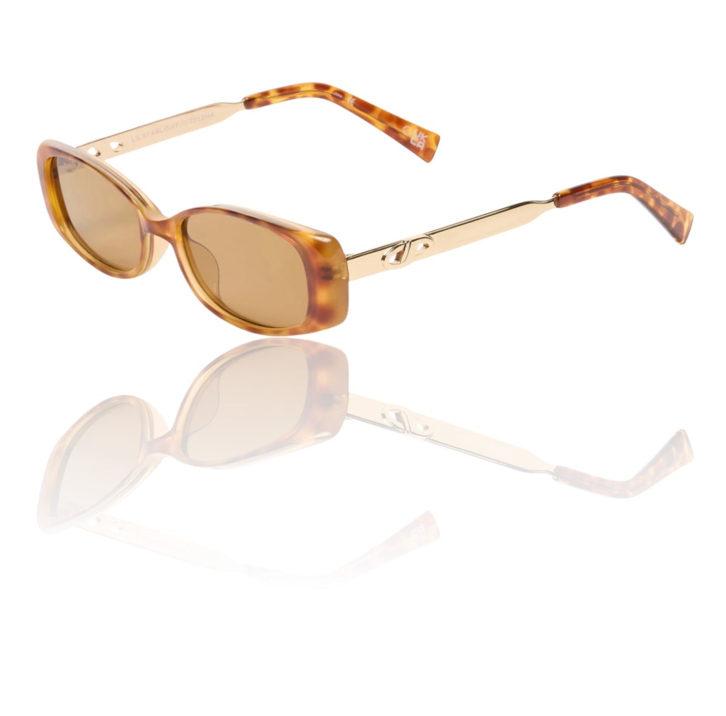 Sunglasses with tortoiseshell frame and brown lenses on a white background