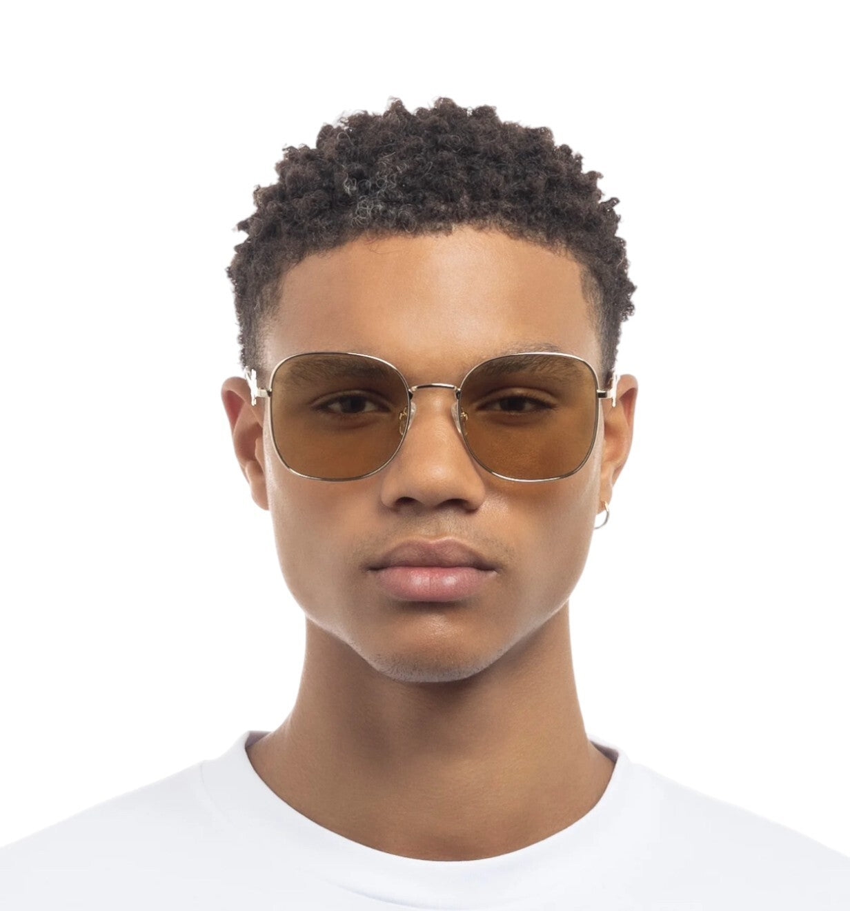Person wearing brown sunglasses on a white background