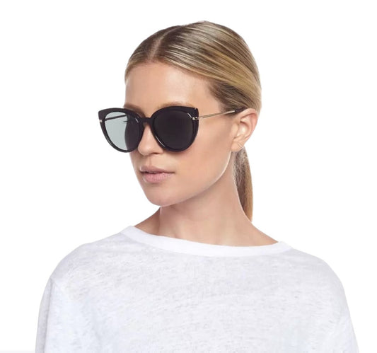Woman wearing black cat-eye sunglasses on a white background