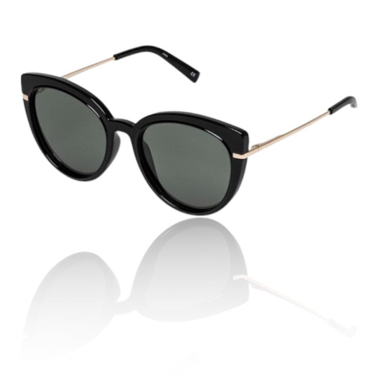 Black sunglasses with gold accents on a white background