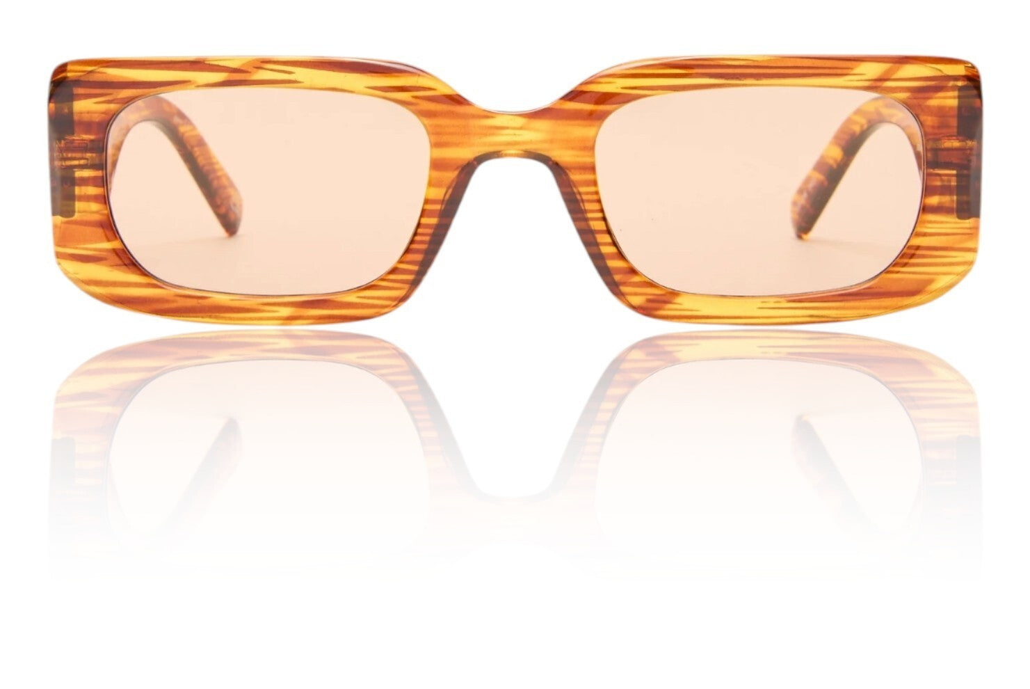 Tortoiseshell sunglasses with a reflective surface on a white background