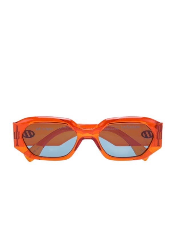Orange sunglasses with blue lenses on a white background