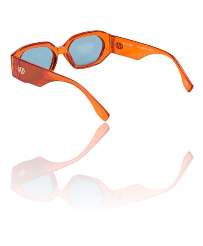 Orange sunglasses with blue lenses on a white background