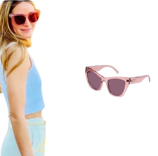 Woman wearing pink sunglasses with a close-up of the sunglasses on a white background