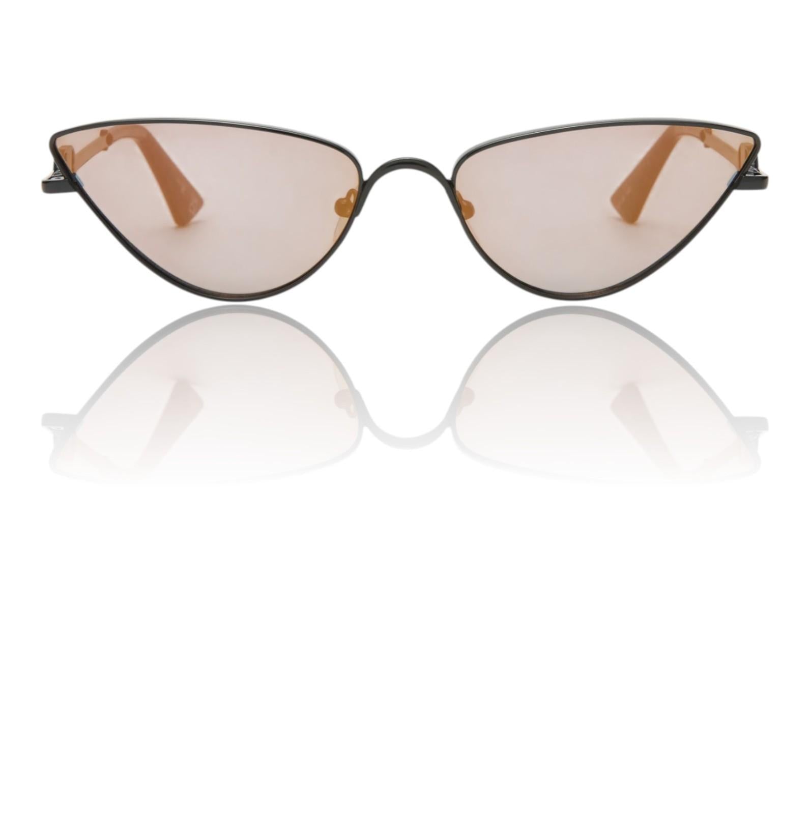 Cat-eye sunglasses with reflective lenses on a white background