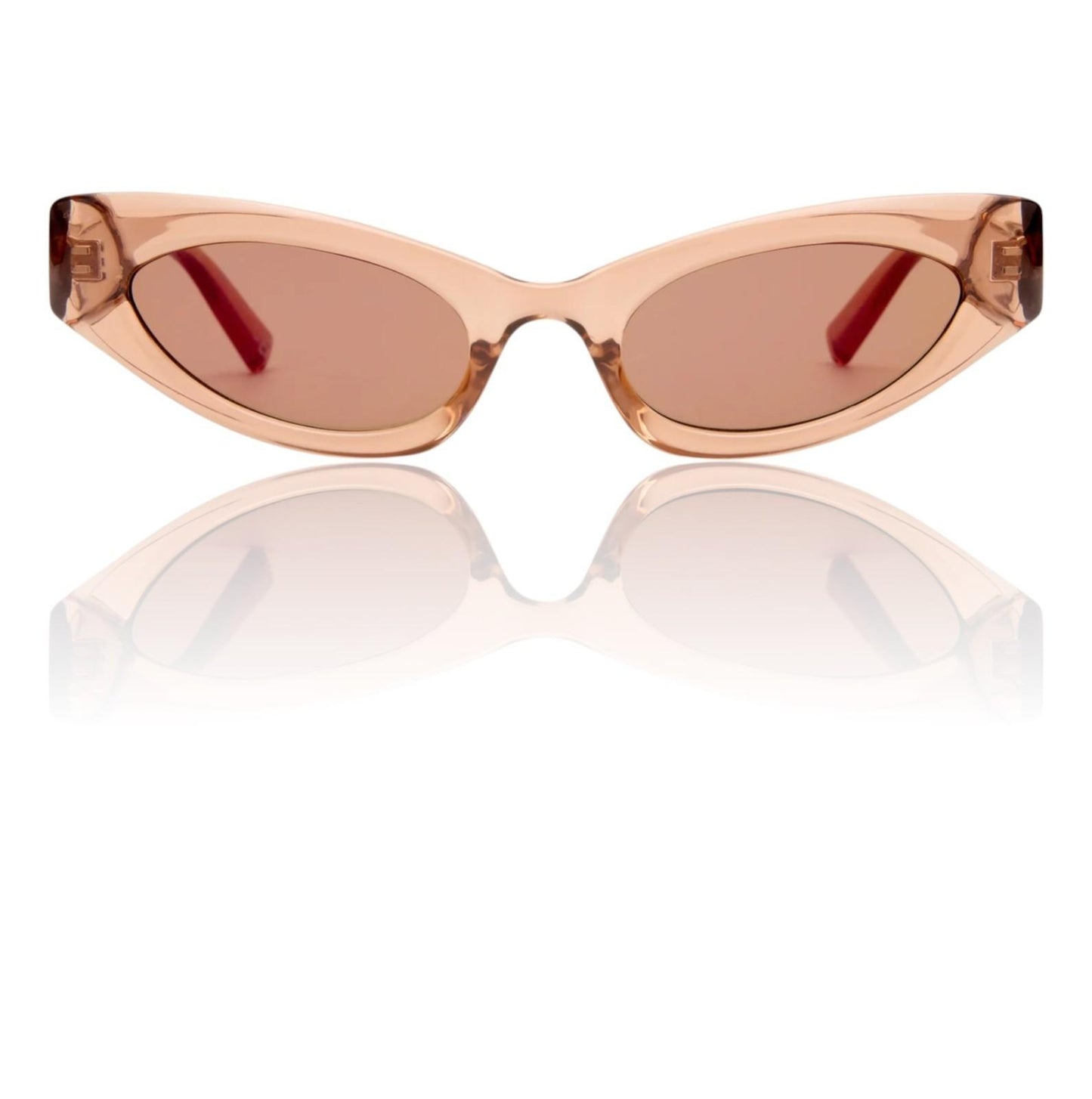 Cat-eye sunglasses with a transparent peach frame and brown lenses on a white background