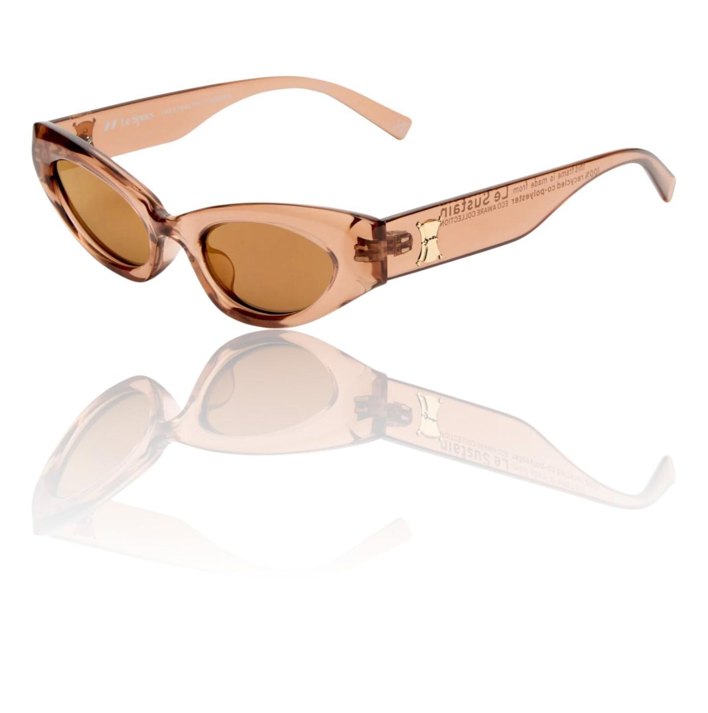 Cat-eye sunglasses with rose gold frame and brown lenses on a white background