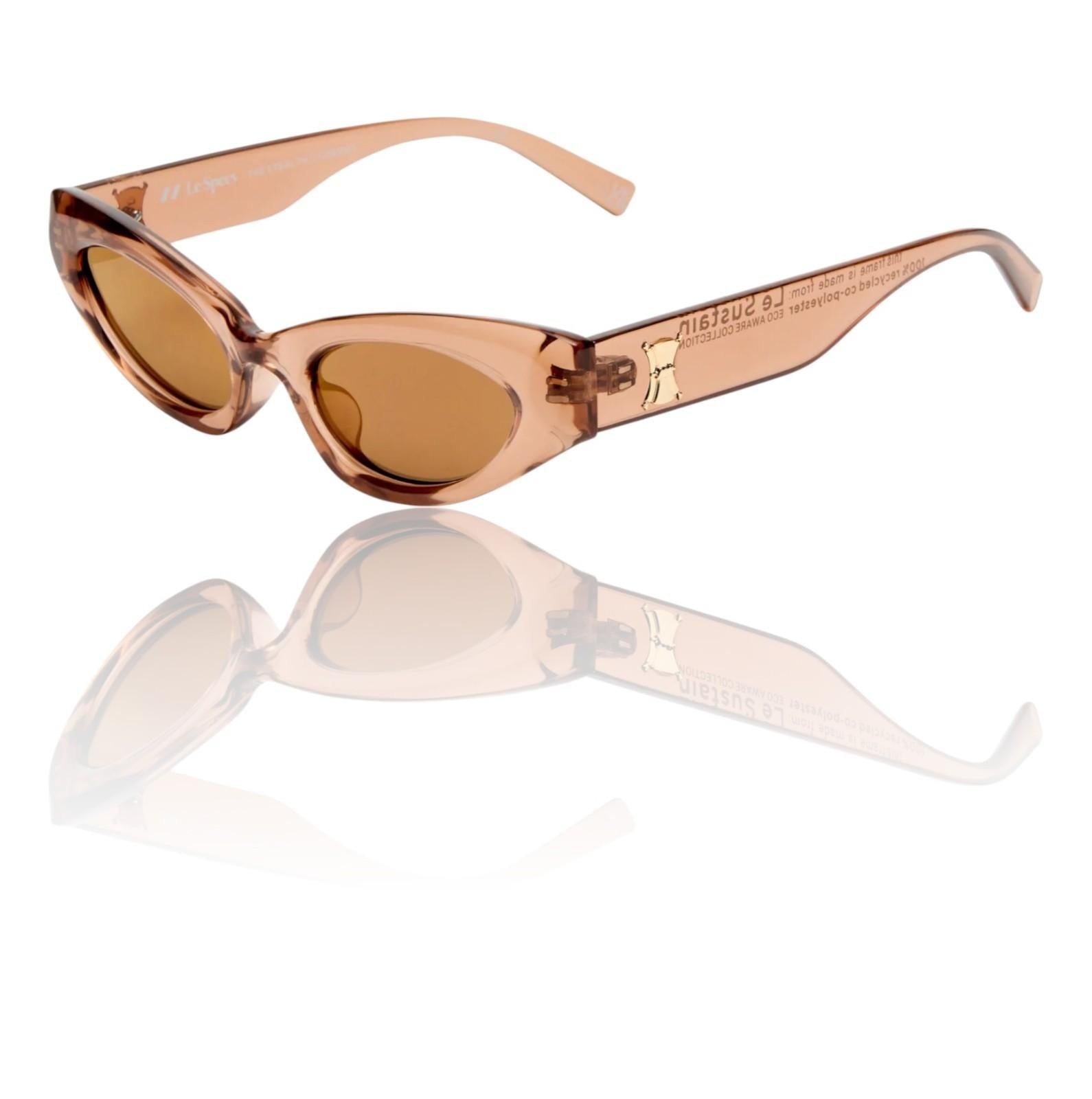 Cat-eye sunglasses with rose gold frame and brown lenses on a white background