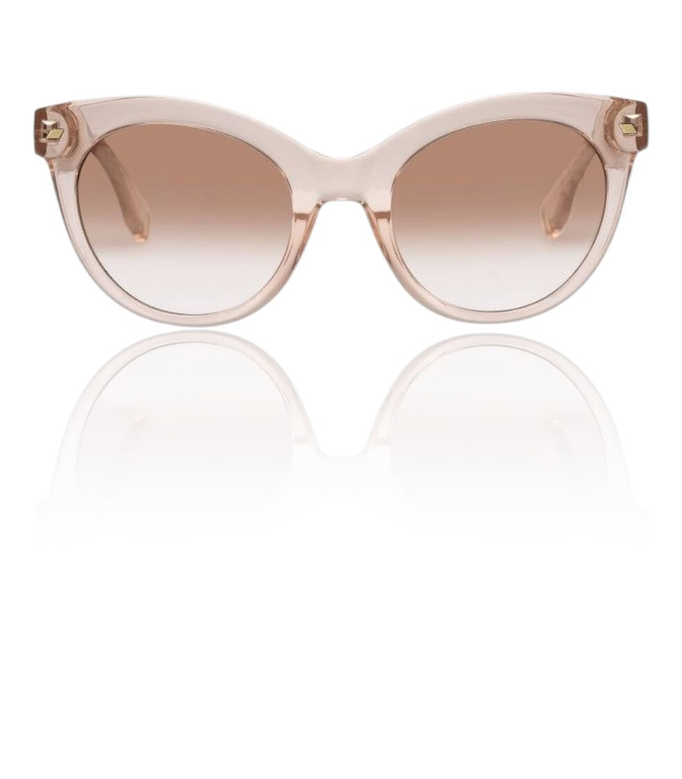 Sunglasses with a clear frame and brown gradient lenses on a white background