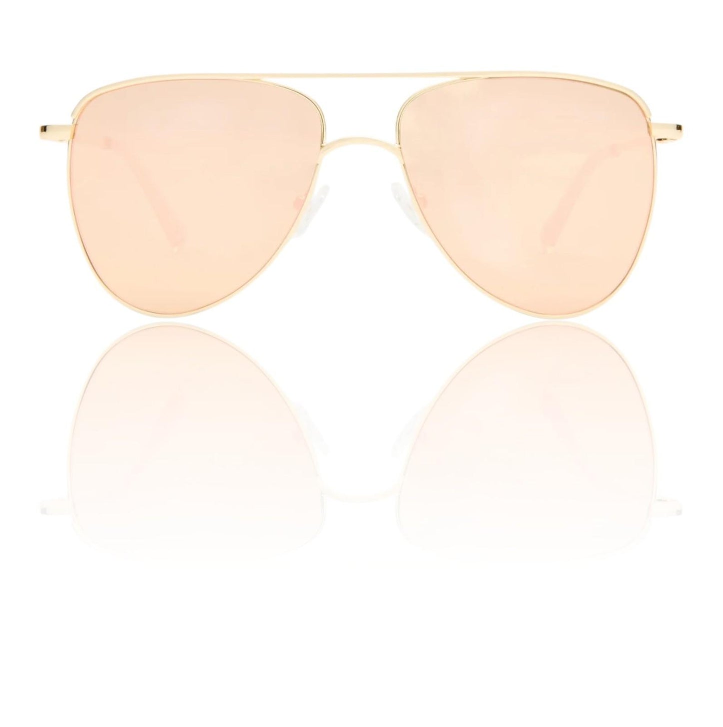 Gold-framed sunglasses with pink-tinted lenses on a white background